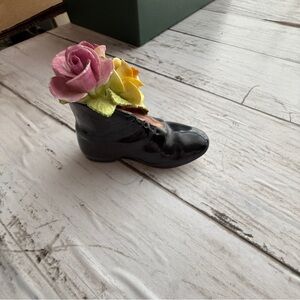 Black Ceramic Boot Vase with Pink and Yellow Porcelain Flowers